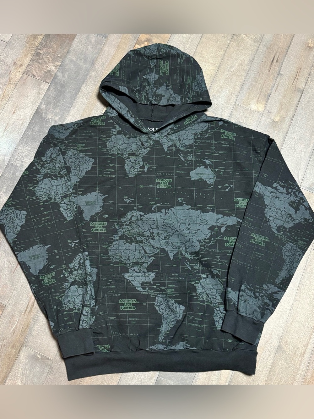A$$holes Live Forever World Map All Over Print Hoodie Black Large NWOT Cotton